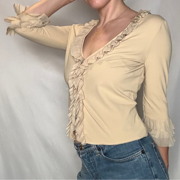 Moschino Jeans Beige Mesh Ruffle Trim Cardi/Blouse - Picture 2 of 11